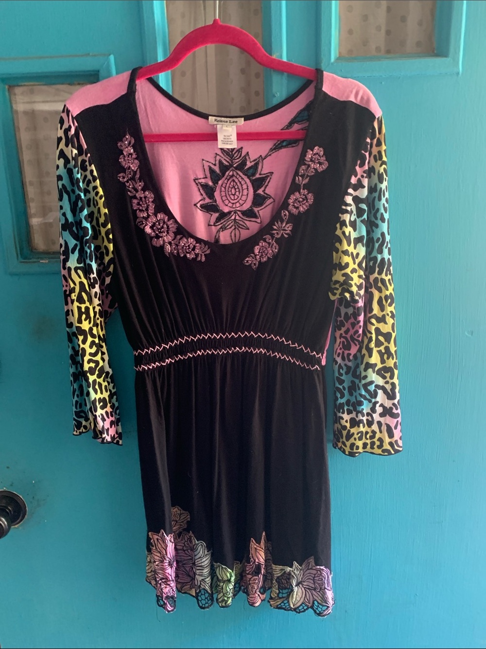 Krista Lee Black Dress with Multicolor Leopard Sleeves and Floral Embroidery Sz